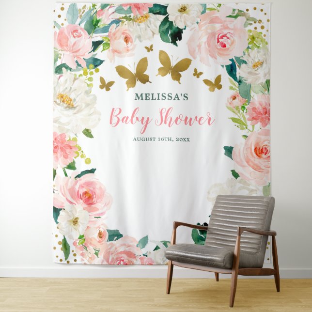 Rosa goldfarbene Schmetterlingsdusche Hintergrund Wandteppich (Beispiel)