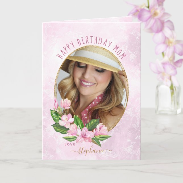 Rosa goldfarbener Blumenreath Custom Foto Birthday Karte (Orchidee)