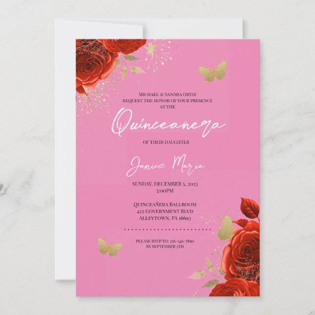 Rosa goldfarbener Schmetterling Elegantes Quinceañ Einladung (Vorderseite)