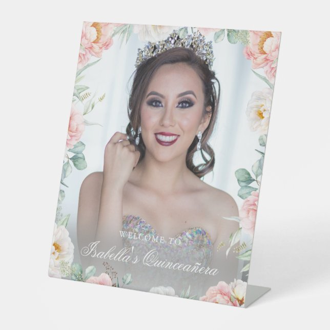 Rosa goldfarbenes Foto Quinceñera Begrüßungszeiche Sockelschild (Vorderseite)