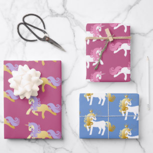 Rosa-goldfarbenes Lila Einhorn Geschenkpapier Set