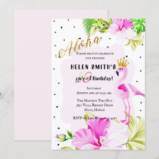 Rosa Goldflamingo-Prinzessin Aloha Sweet 16 Einladung