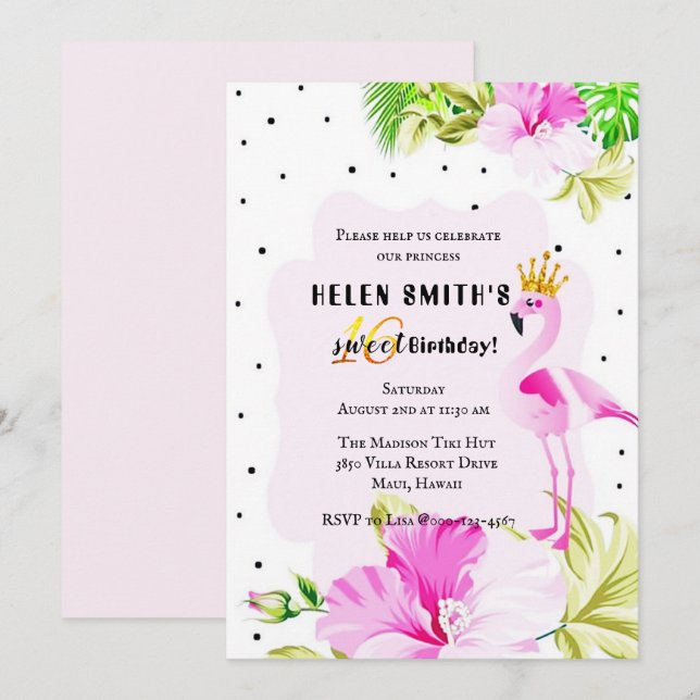 Rosa Goldflamingo-Prinzessin Tropic Sweet 16 Einladung (Vorne/Hinten)