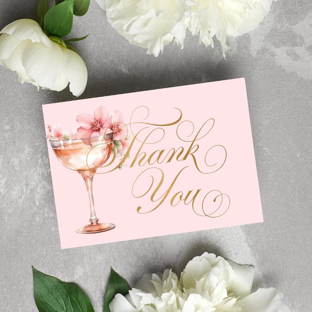 Rosa Goldfloralen-Petalen und Prosecco-Brautparty Dankeskarte (Von Creator hochgeladen)