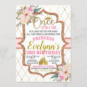 Rosa Goldfloralprinzessin zum Geburtstag Einladung