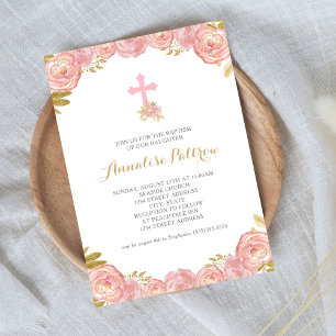 Rosa Goldflorenkreuz Minimalistische Taufen Einladung