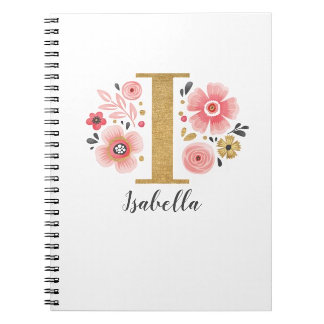 Rosa Goldflorenmonogramm Buchstabe I Notizblock (Vorderseite)