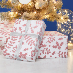 Rosa Goldfolie & Weiße Holly Winter Weihnachten Geschenkpapier
