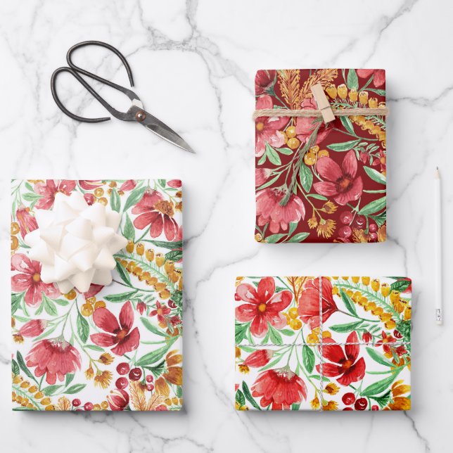 Rosa goldgelbes weißes Wasserfarbenmuster Geschenkpapier Set (Vorderseite)