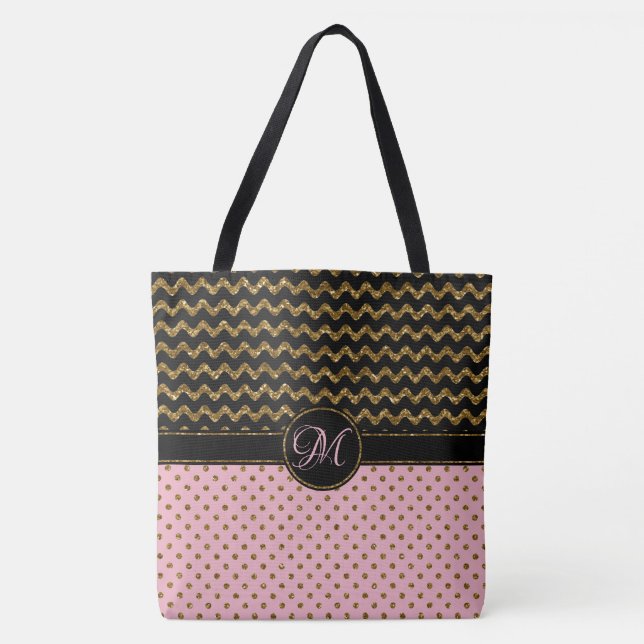 Rosa GoldGlitzer-Schwarz-Zickzack mit Monogramm Tasche (Vorderseite)