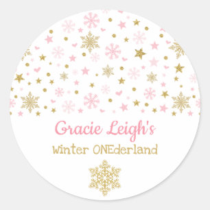 Rosa GoldGlitzer-Winter-Schneeflocke ONEderland Runder Aufkleber