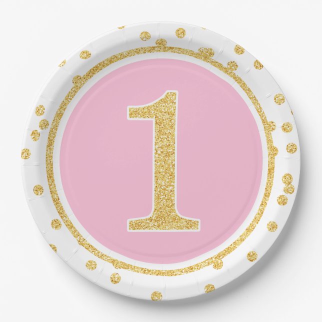 Rosa GoldImitat-Glitzerconfetti-1. Geburtstag Pappteller (Vorderseite)