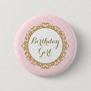 Rosa Goldkönigliche Prinzessin Birthday Girl Roun Button