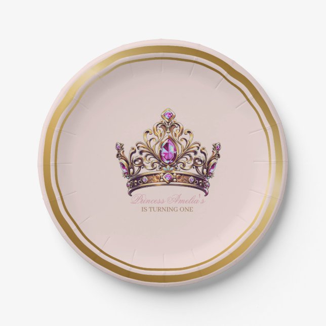Rosa Goldkrone Prinzessin 1. Geburtstag Pappteller (Vorderseite)