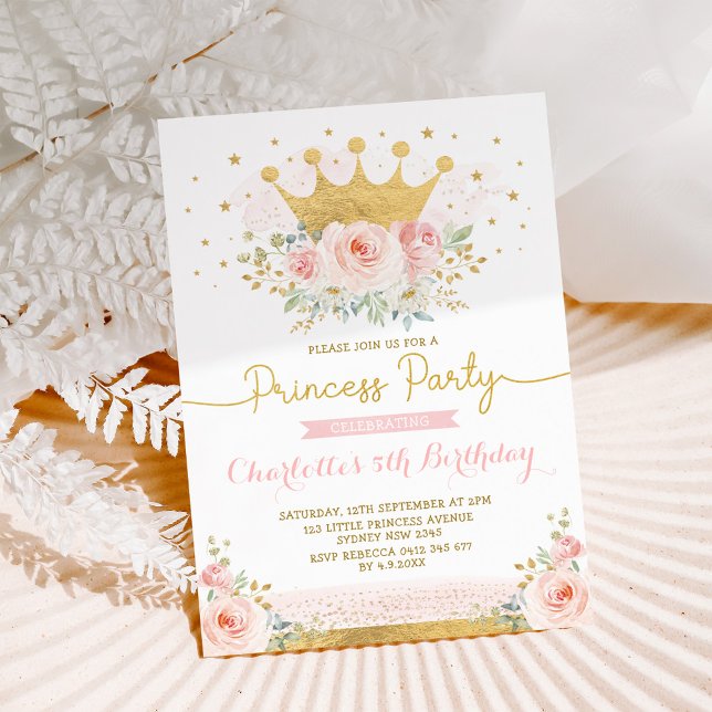 Rosa Goldkrone Prinzessin Birthday Blush Bloral Einladung (Von Creator hochgeladen)