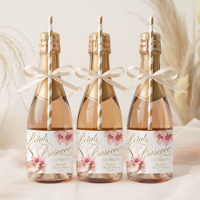 Rosa Goldleder und Prosecco-Brautparty (Pink Gold Petals and Prosecco Bridal Shower Sparkling Wine Label)