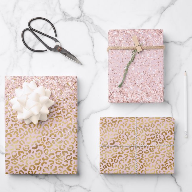 Rosa Goldleopard Print Blush Glitzer Geschenkpapier Set (Vorderseite)