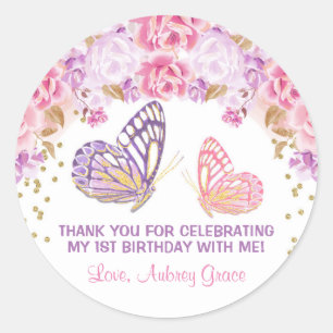 Rosa Goldlila Schmetterling Watercolorgeburtstag Runder Aufkleber