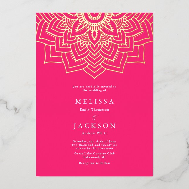 Rosa Goldmandala Hochzeitsfoil Einladung (Vorderseite)