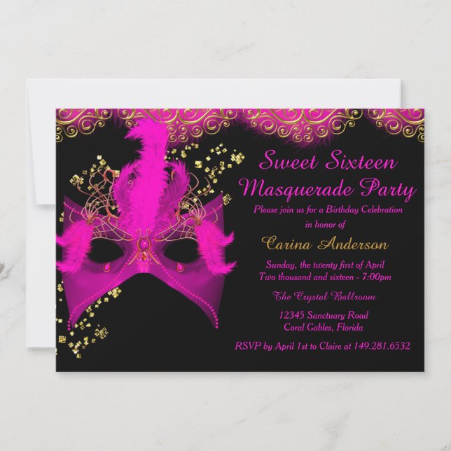 Rosa Goldmaske Masquerade Sweet 16 Birthday Einladung (Vorderseite)
