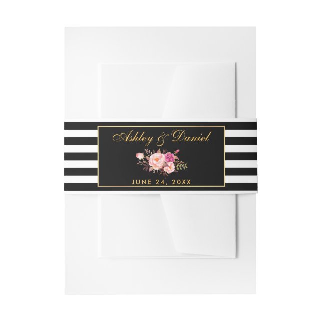 Rosa Goldmit blumenschwarzes Stripes Hochzeit Einladungsbanderole (Vorderseite Beispiel)