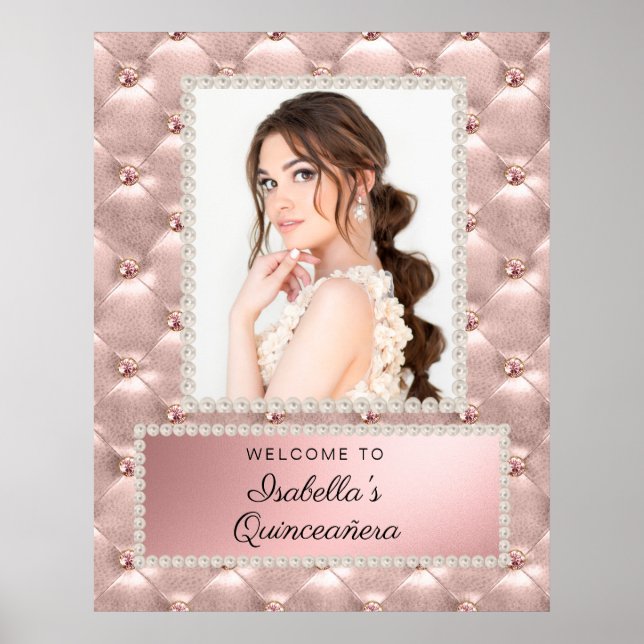 Rosa Goldperlen Quinceañera Foto Poster (Vorne)