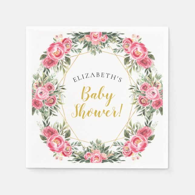 Rosa Goldpfingstrosen-Babyparty Serviette (Vorderseite)