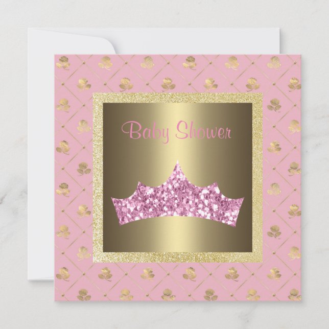 Rosa Goldprinzessin Thema Babydusche Tiara Einladung (Vorderseite)