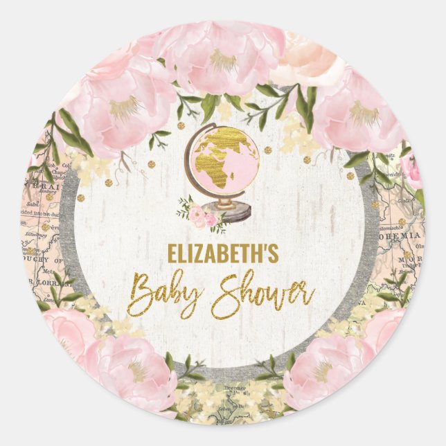 Rosa Goldreise-Karten-Babyparty-Bevorzugungen Runder Aufkleber (Vorderseite)