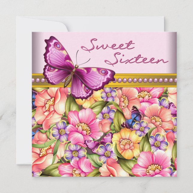 Rosa Goldschmetterling Pink Gold Sweet 16 Geburtst Einladung (Vorderseite)