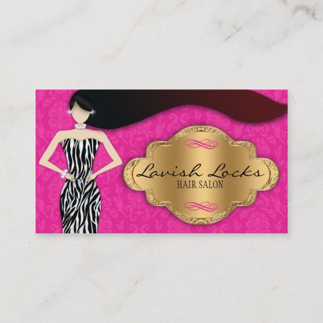Rosa Goldzebra-Damast-Haar-Stylist-Geschäfts-Karte Visitenkarte (Vorderseite)