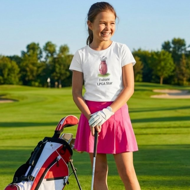 Rosa Golfbag Junior Mädchen  T-Shirt (Junior girl golf shirt.  Watercolor illustrated golf bag and "Future  LPGA star" slogan )