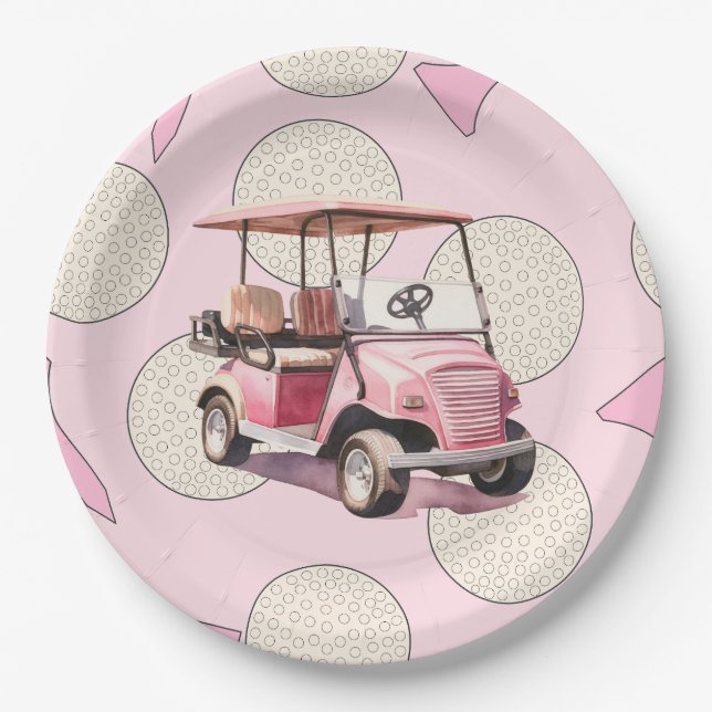 Rosa Golfwagen für weibliche Spieler Pappteller (Vorderseite)