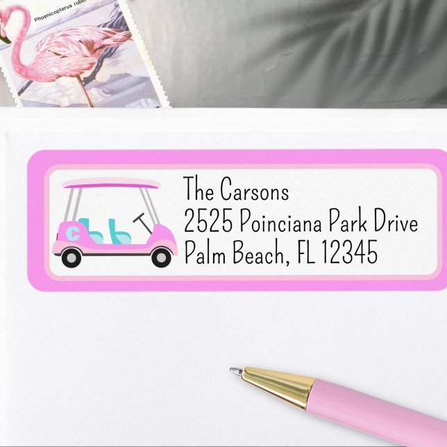 Rosa Golfwagen-Monogramm-Rücksendeetikett (Cute pink golf cart with monogram return address label.)