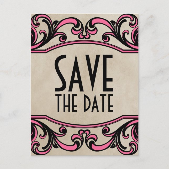Rosa Gotische Wirbel Save the Date Postkarte (Vorderseite)