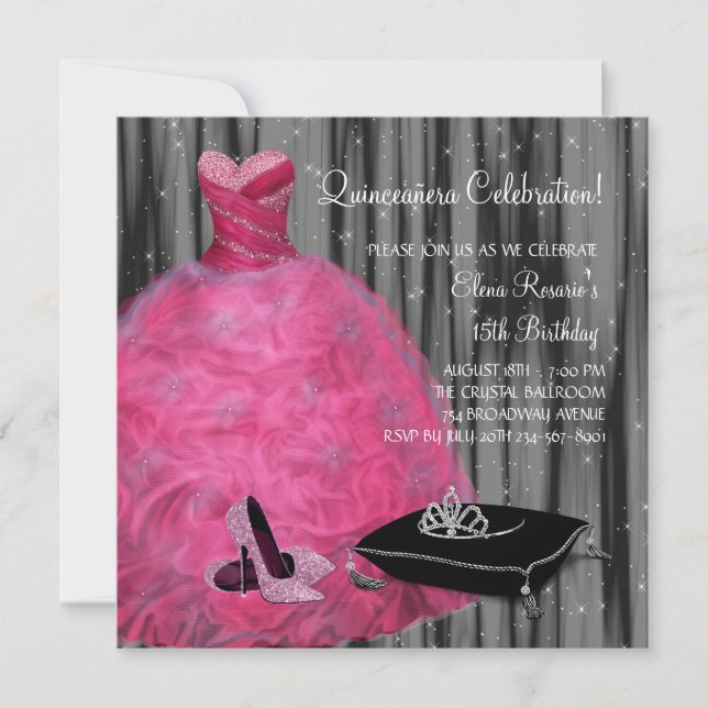 Rosa Gown High Heel Shoes Hot Pink Quinceanera Einladung (Vorderseite)