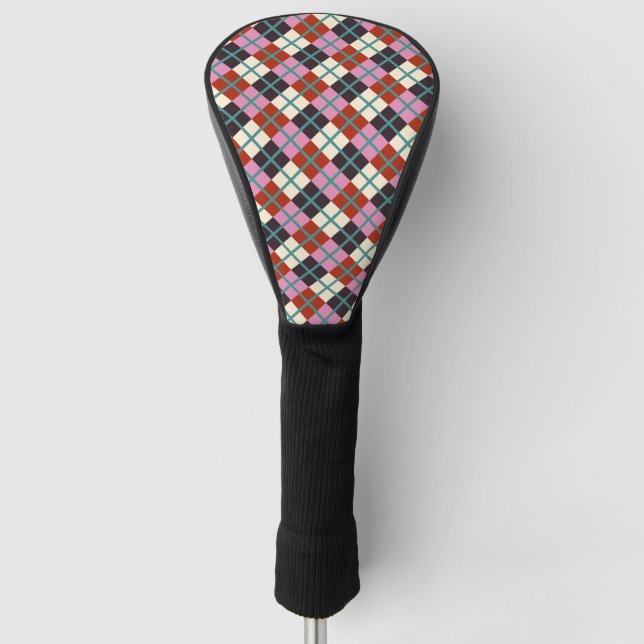 Rosa Gpflanze Elfenbein Aquamarin Retro Kariert  Golf Headcover (Vorderseite)