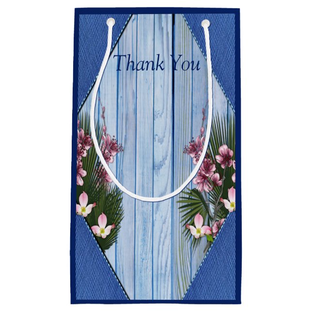 Rosa Grafik-Blume auf Blue-wood-Textur-Geschenktas Kleine Geschenktüte (Vorderseite)