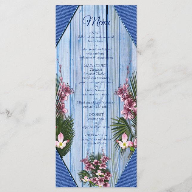 Rosa grafische Blume auf der Textur aus blauem Hol Menükarte (Vorderseite)