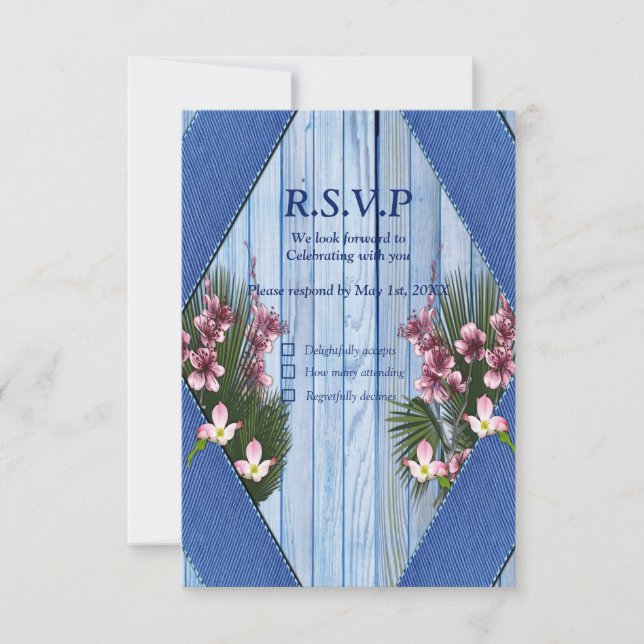 Rosa grafische Blume auf der Textur aus blauem Hol RSVP Karte (Vorderseite)