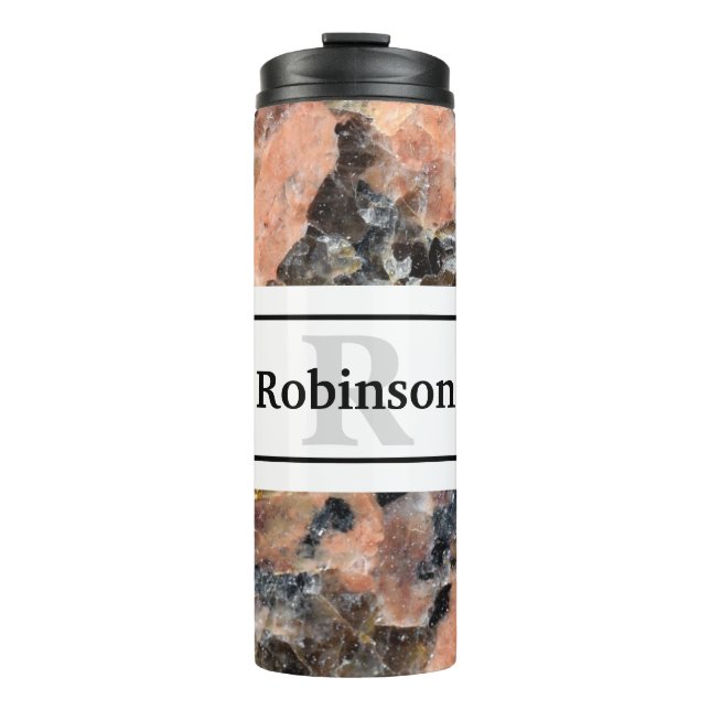 Rosa Granitgestein Textur mit Name und Monogramm Thermosbecher (Vorderseite)