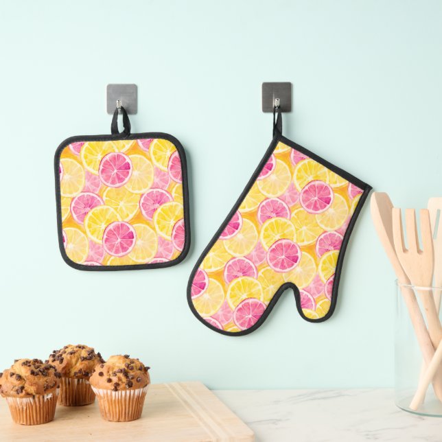 Rosa Grapefruit & Lemon Duschvorhang Ofenhandschuh & Topflappen-Set (Insitu (Hängend))