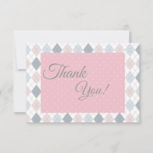 Rosa Grau Argyle Punkte Gingham Karo - Babyparty Dankeskarte