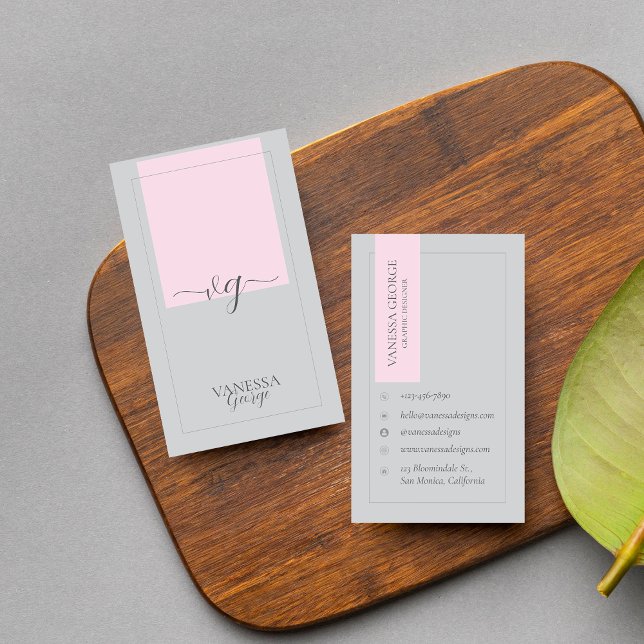 Rosa Grau Elegant Niedlich Modernes Monogramm kund Visitenkarte (Pink Grey Elegant Cute Modern Monogram Custom Business Card)