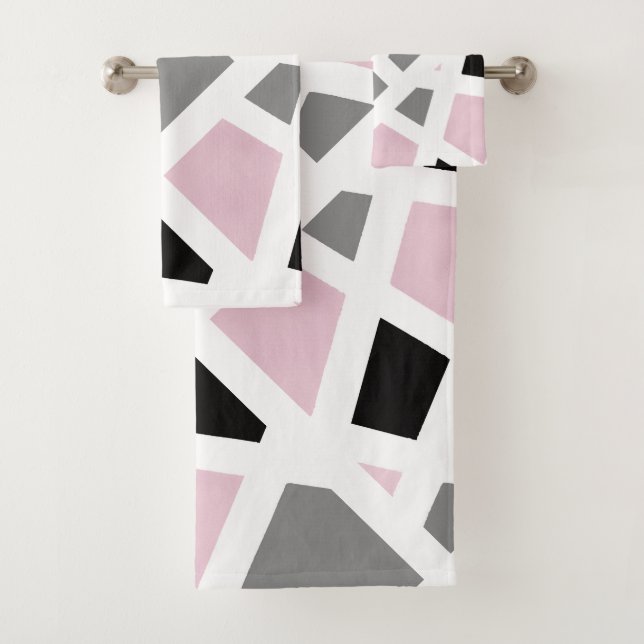 Rosa Grau Schwarz-weiße Abstrakt Geometrie Badhandtuch Set (Insitu)