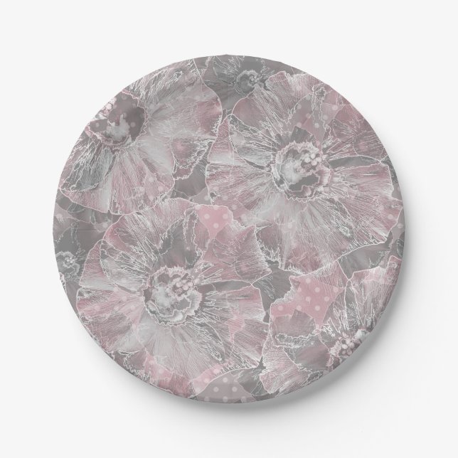 Rosa, grau, stilvoll, große Blume, rosa Blume, Pappteller (Vorderseite)