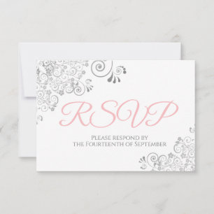 Rosa Grau & Weiß Elegante Silberspitzen Hochzeit RSVP Karte