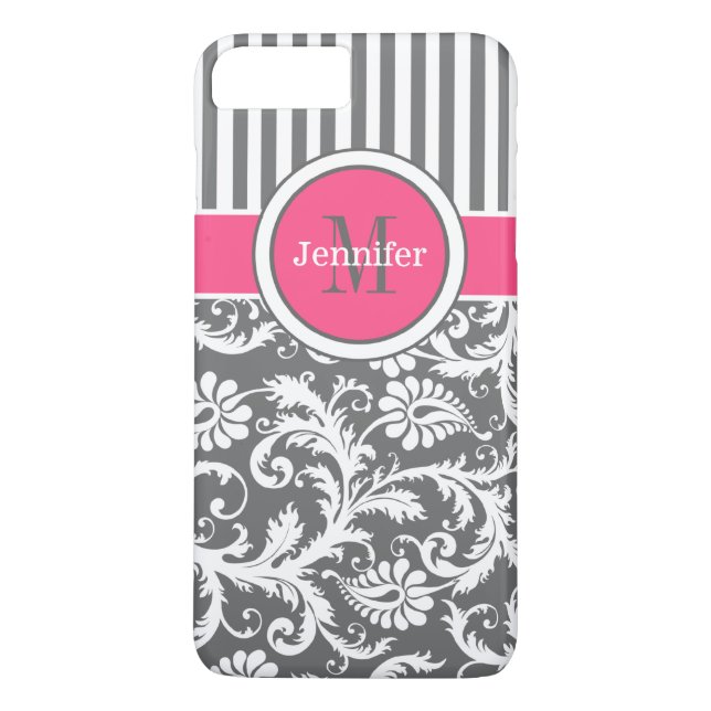Rosa, grau, weiß gestreift, Damask iPhone 7 Case (Rückseite)