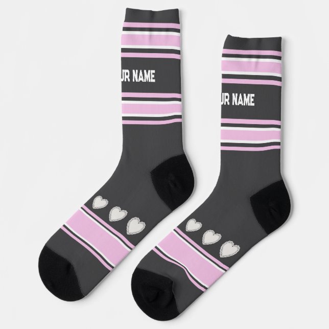 Rosa, grau, weiß - Name Herz Socken (Linkes Detail)