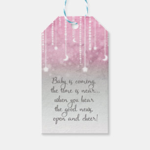 Rosa Grau Weiße Mond & Sterne Himmels-Baby-Party Geschenkanhänger